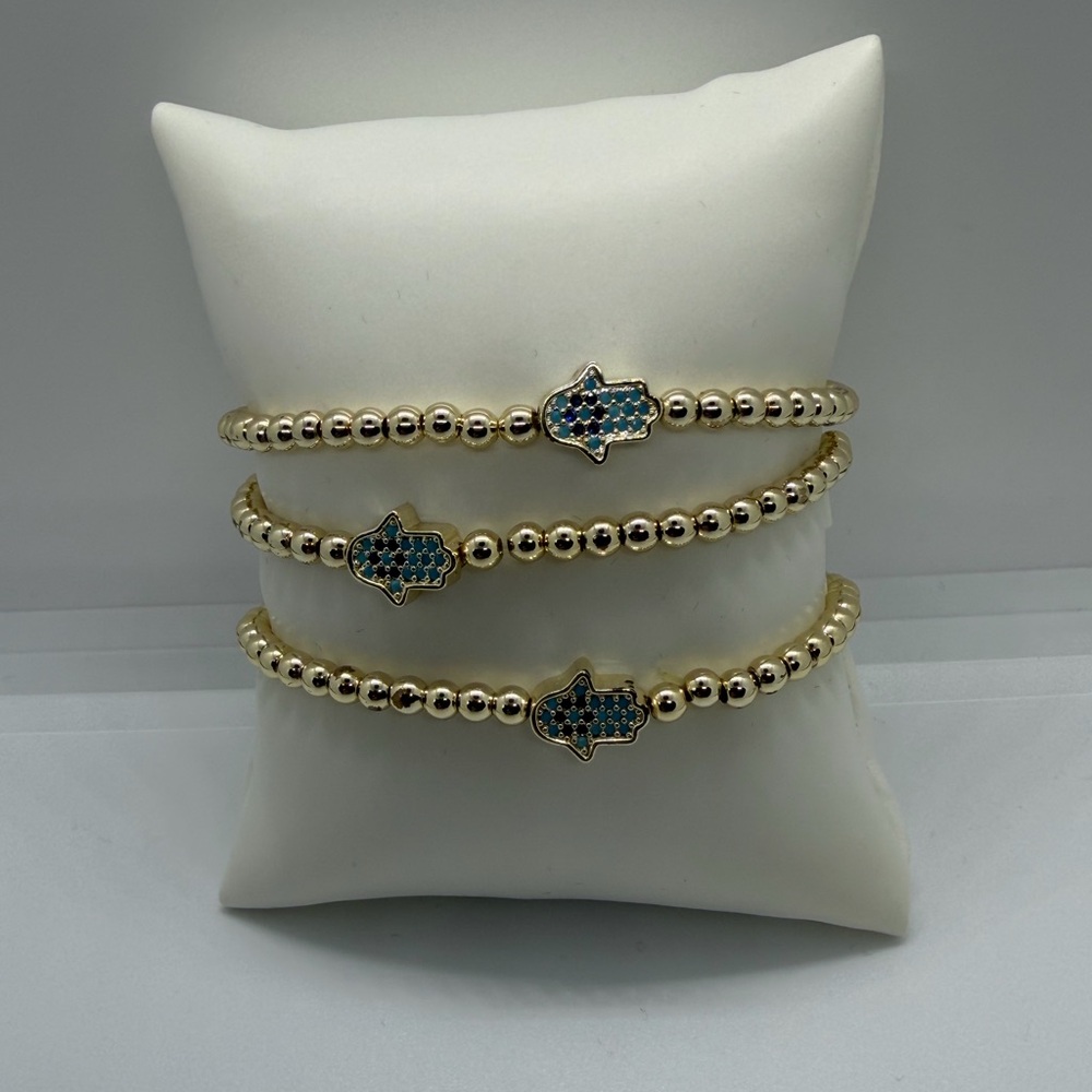 Gold Beaded Bracelet with Blue mini Hamsa